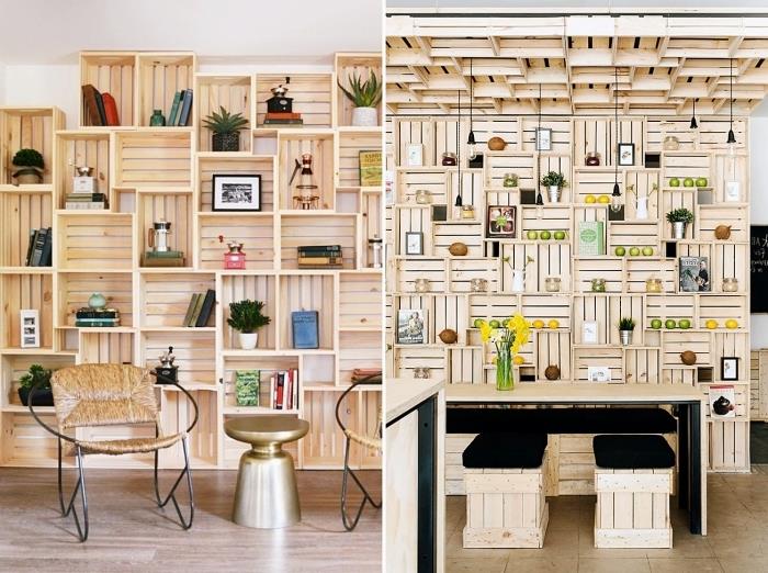 naredite knjižnico palet, idejo za stenske obloge DIY v recikliranem lesu, primer dekoracije sten palet