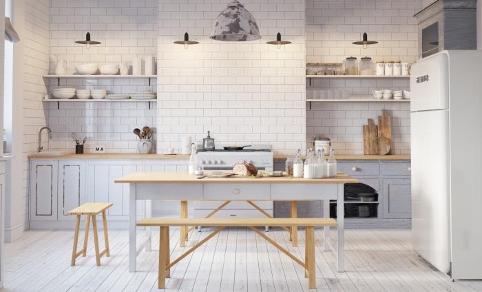 kako okrasiti belo kuhinjo z lahkimi lesnimi oblogami, ideja za pohištvo iz belega lesa
