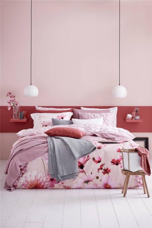 beyaz ve gri desenli kırmızı ve pembe bir odada toz pembe dekor fikri, pembe kadınsı yatak odası tasarımı