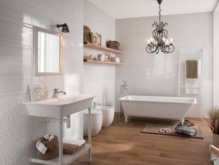 Modern kır evi banyo zemin kaplaması minimalist tarzda siyah avize ahşap raf