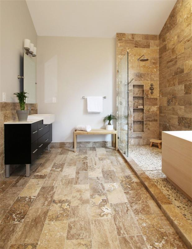 traverten taşı, ahşap bank, siyah banyo dolabı, duvar dolabı