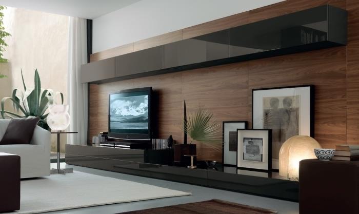 ahşap tv duvar kaplaması modern iç tasarım çağdaş stil siyah fotoğraf çerçeveleri