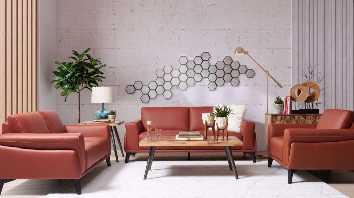 sienų danga meno baldai oda žalia gamykla d patalpoje balta grindų lempa terakotos sofa odinis stalo medinis ir metalinis rožinis auksinis šviestuvas