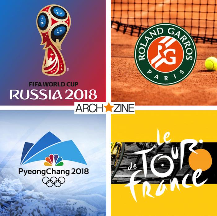 kolaž logotipov večjih športnih dogodkov leta 2018 s svetovnim prvenstvom v Rusiji, roland garrosom, turnejo po franciji in olimpijskimi igrami v južni koreji