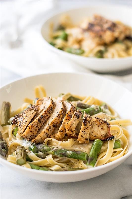 Tagliatelle con petto di pollo, tagliatelle con asparagi, piatto di testenine po ceni