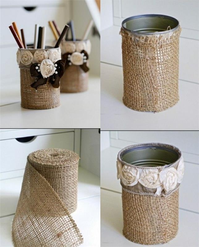 riciclo-barattoli-di-latta-decorazione-lino-fiori-stile-shabby-portaoggetti-creativo-matitte-penne