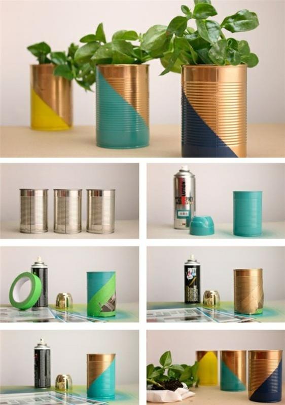 riciclo-creativo-barattoli-latta-decorati-mano-colori-spray-idea-realizzare-vasi-spezie-erbette-aromatiche-giardino-casa