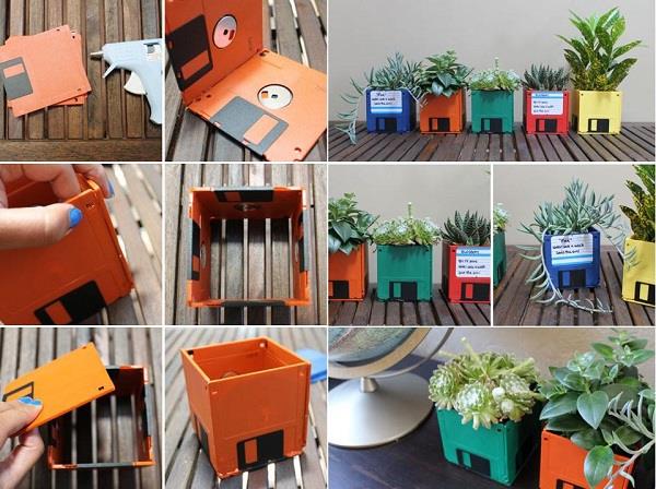 riciclo-creativo-dischetti-floppy-colorati-arancione-verde-piccoli-vasi-piantine-progetto-fai-da-te
