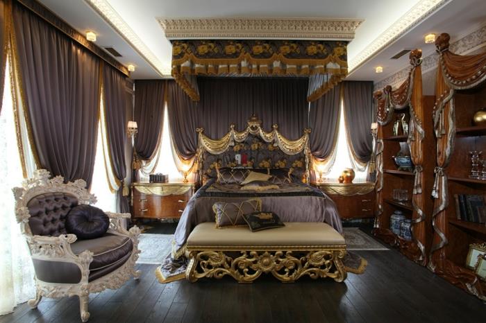 baročna spalnica, strop z mavčno dekoracijo, baročna postelja, zlata dekoracija, baročno pohištvo