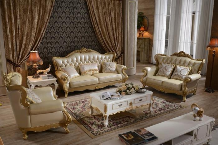 baročna dnevna soba, lesena tla, rjave zavese, očarljivo pohištvo, baročna dekoracija, temne tapete