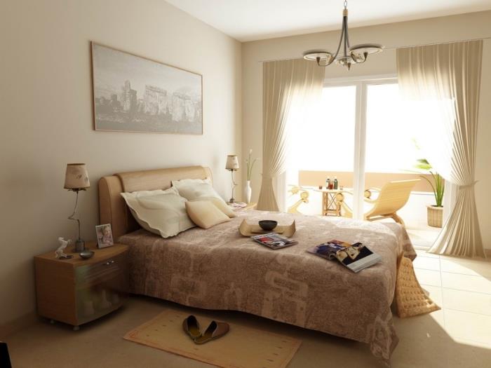 pomirjujoča dekoracija spalnice z bež stenami z belim stropom in predmeti bledo rumenih odtenkov