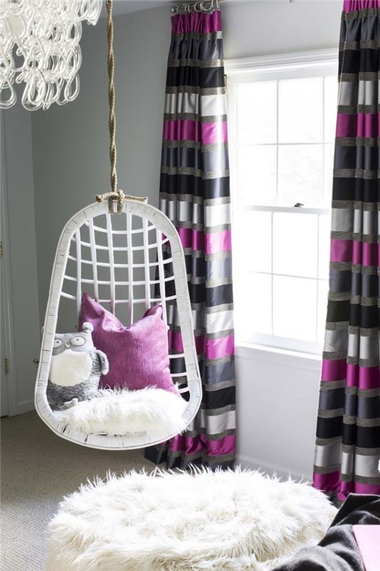 asılı sandalye ve kolay DIY minderler ile genç kız yatak odası dekoru, beyaz ve mor dekor