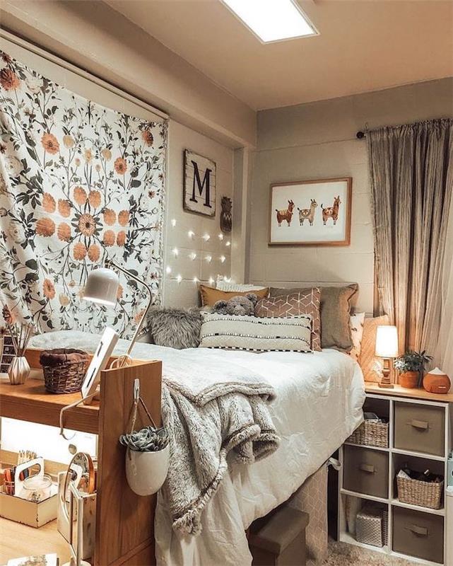 Taupe dobro okrašena spalnica, dekor spalnice za najstnike v slogu tumblr, navdih za dekor najstnice