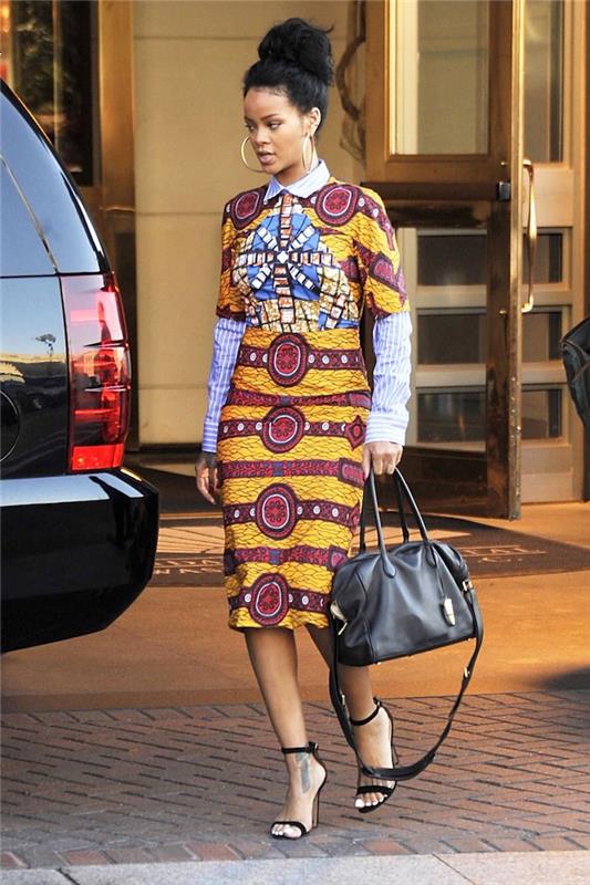 rihanna v obleki iz voščene naramnice ankara v afriškem slogu