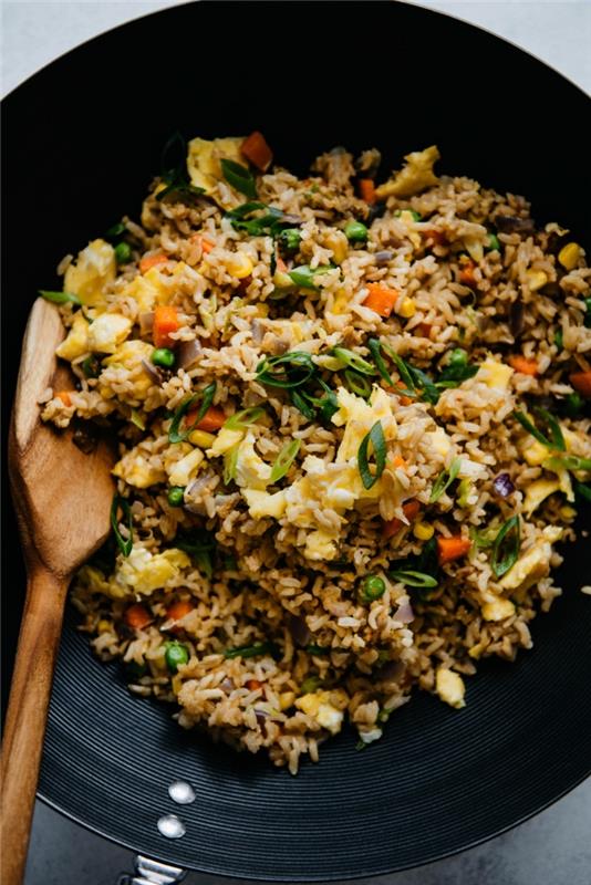 ideja za hiter obrok na osnovi riža in jajc, recept za ocvrt riž z zelenjavo in jajci, ponev z zelenjavo, riž in jajca