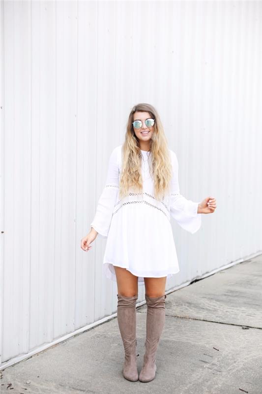 Dökümlü Beyaz Uzun Kollu Diz Çizme ile Nasıl Giyilir Açık Gri, Kadın Moda Aksesuarı