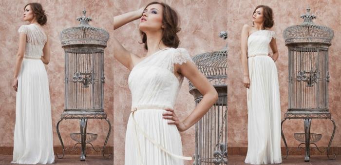 Graikiška vestuvinė suknelė, laisvalaikio stilius, laisva bandelė ir asimetriška viršutinė dalis