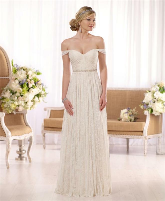 bohemiška vestuvinė suknelė nuleistais pečiais, platėjanti suknelė, ekrinės spalvos