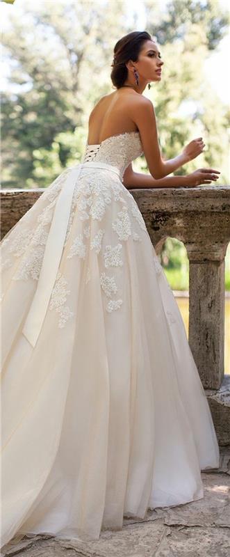 pisana poročna obleka, mehka obleka s čipkastimi čipkami na hrbtu