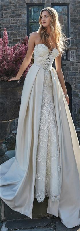 barvna poročna obleka, obleka brez naramnic s čipkami, vezenje po spodnjem delu