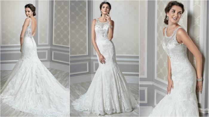 undinė vestuvinė suknelė, vestuvinė suknelė su apvalkalu, baltos spalvos modelis, apvalus kaklas su blizgančiais baltais Swarovski akmenimis