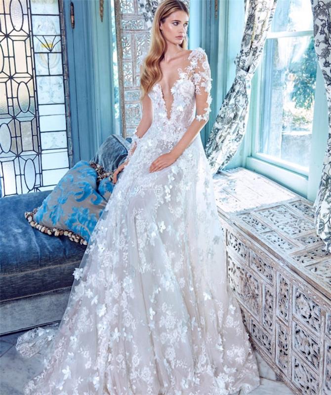 nuotakos mados originali suknelė su siuvinėtomis gėlėmis ant vestuvinės suknelės permatomomis rankovėmis ir nėrinių gėlėmis