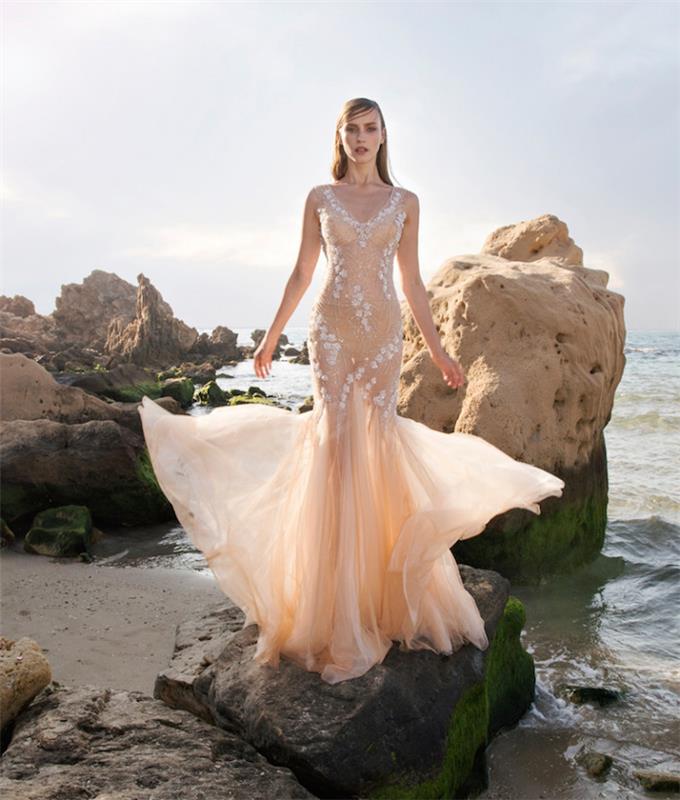 „Bodycon“ undinėlės vakarinė suknelė, originali permatoma smėlio spalvos vestuvinė suknelė