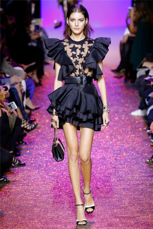 Ženska obleka iz črne čipke Elie Saab s prozornim oprsjem in naramnicami na kratkih rokavih
