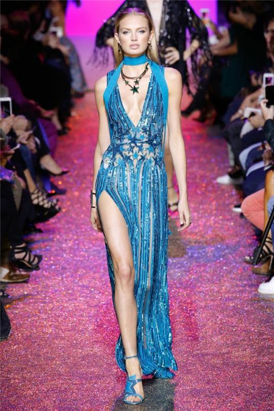 Elie Saab turkizno modre poročne obleke z globokim izrezom in zelo globoko režo