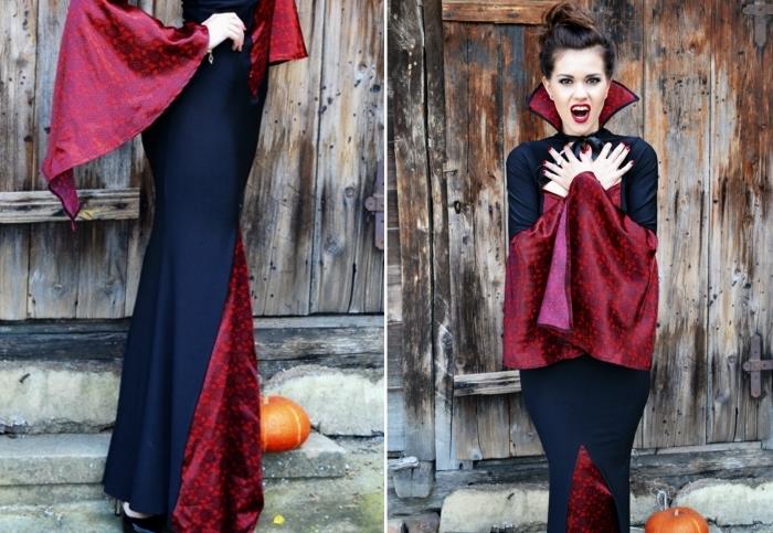 vampyrų apranga moteriai su ilga suknele ir apsiaustu, lengva naminė Helovino makiažo idėja su raudonais lūpų dažais ir dūminėmis akimis