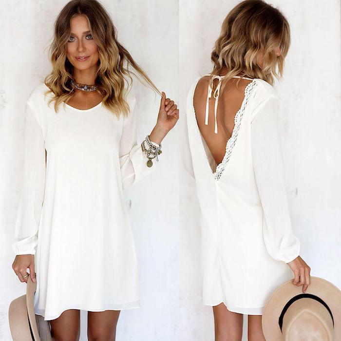Idėja, kaip priimti bohemišką baltą suknelę vasaros suknelės idėja vasaros apranga trumpa balta suknelė su rankovėmis