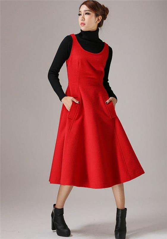 volnena obleka-rdeča-brez rokavov-z-dvema-majhnima žepoma