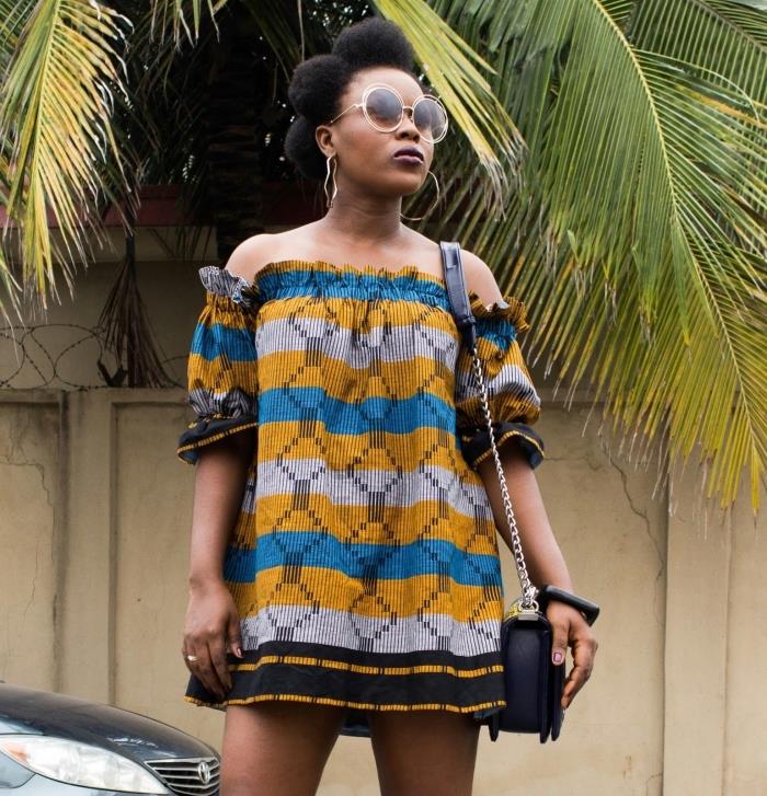 Afrikos tunikos suknelės modelis su plikomis pečiais ir elastinga krūtine, kad atrodytų prašmatniai ir atsipalaidavusi
