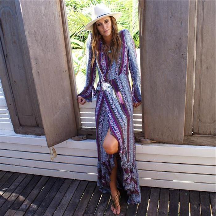 Graži spalvinga violetinė ilga suknelė bohemiška prašmatni hipių suknelė nėrinių vasaros grožis