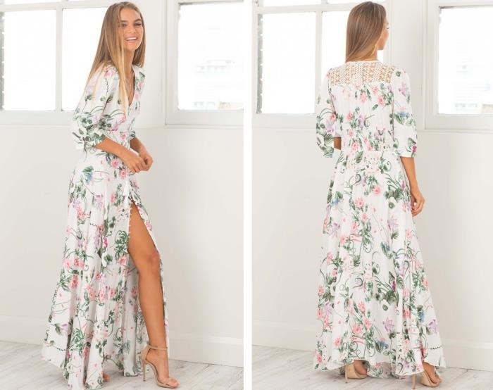 primer elegantne poletne ženske obleke s srednje dolgimi rokavi in ​​izrezom, model bele obleke s cvetjem in vezenjem na hrbtu
