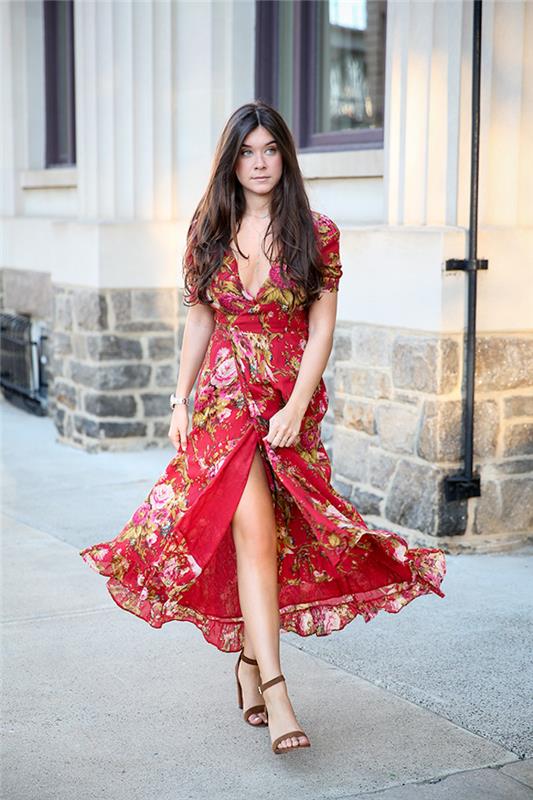 Şık ülke kokteyl elbisesi basit ve şık elbise uzun ülke elbisesi serin fikir kırmızı çiçekli yırtmaçlı elbise kadın uzun kahverengi saçlı