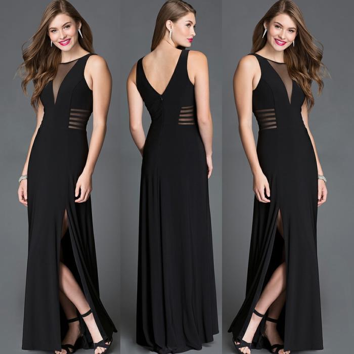 juoda ilga suknelė, šifono iškirptė, šoninis plyšys, aukštos basutės, oficiali suknelė