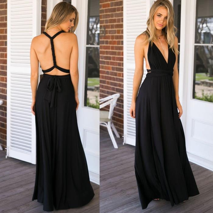 juoda ilga suknelė, prašmatni čigoniška suknelė, išlenkta iškirptė, skysta suknelė ypatingoms progoms