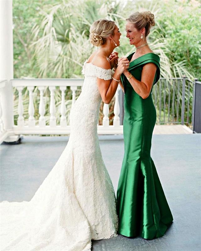 suknelės modelis nuotakos mamai, aukštosios mados nuotakos motinos suknelė su satino žalios undinės kirpimu