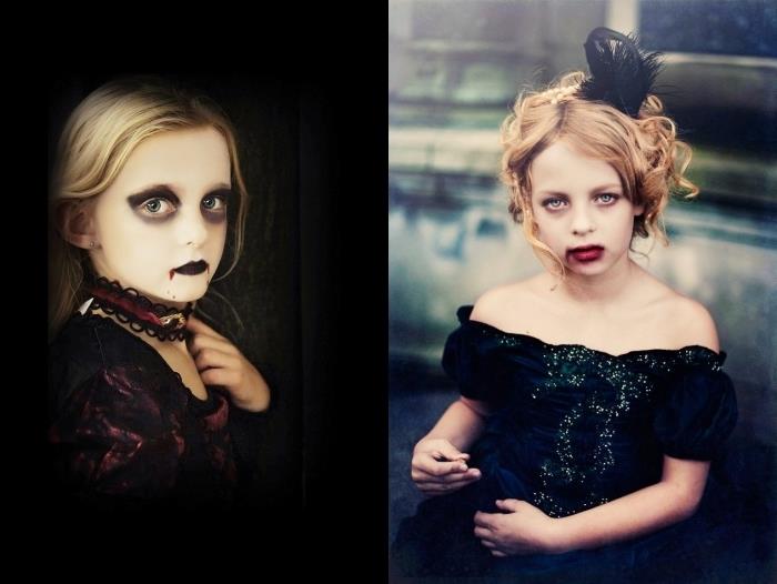 lengva Halloween makiažo idėja vaikams, balti veido dažai ir tamsios akys mergaitės vampyrės makiažui