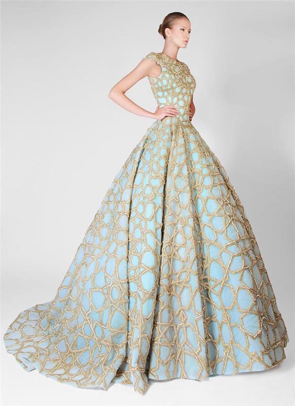 originali mėlynos ir auksinės aukštosios mados vestuvinė suknelė, dizainerio vestuvinė apranga