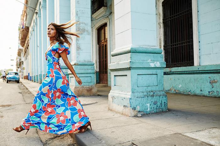 Ilga suknelė vasaros moteris suknelė ilga tekanti suknelė mėlyna gėlių suknelė atostogoms Kubos havanos gatvės stiliumi