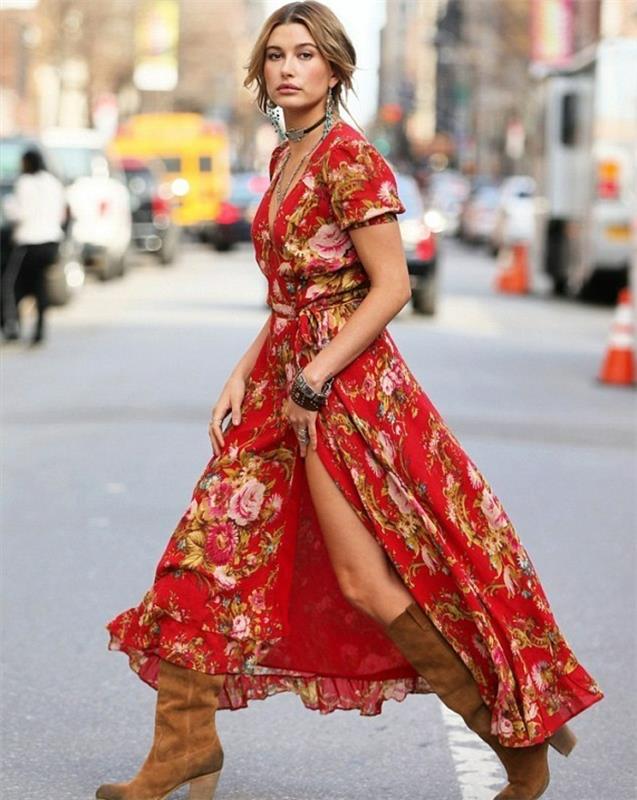 kırmızı çiçek desenli kovboy tarzı şal elbise yeniden boyutlandırılmış