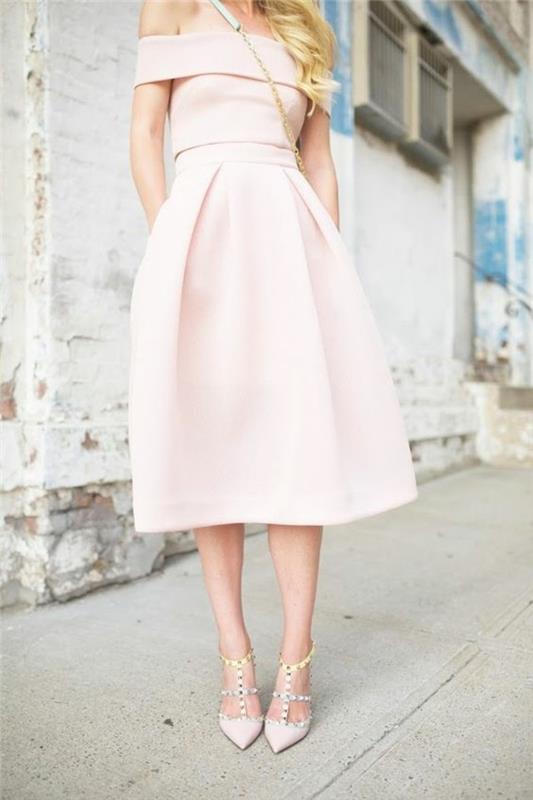 pudra-rožinė suknelė-oficiali-vakarinė suknelė-klasikinė-moderni-pastelinė-midi-suknelė