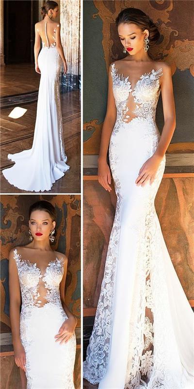 nėrinių undinės suknelė, aptempta vestuvinė suknelė, vestuvinė suknelė su apvalkalu, prigludusi vestuvinė suknelė, balti nėriniai, nugara su balto audinio sagomis