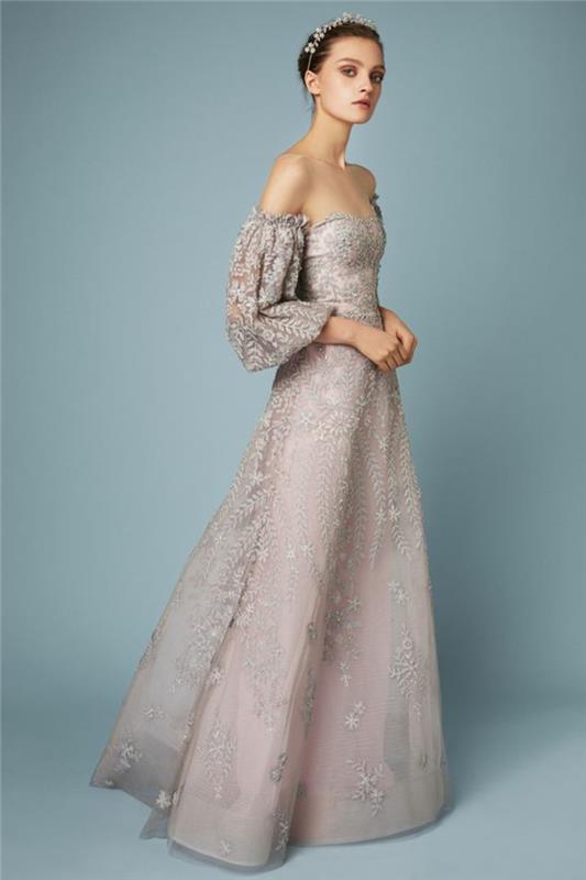 vestuvinė suknelė iškilminga suknelė moteris šviesiai rožinė, plevėsuojančiais plikais pečiais
