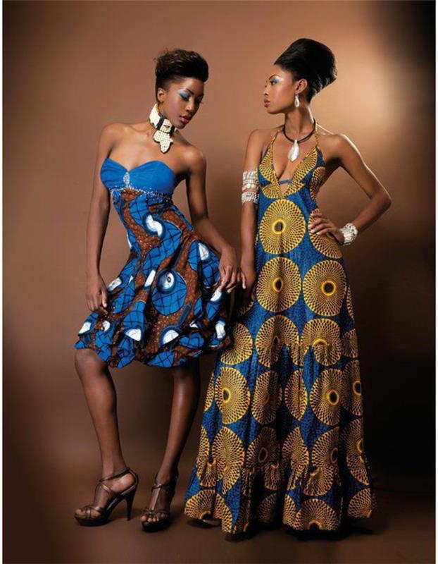 Afriška moda, afriška obleka, dolga in mini, dva modela, afriška ženska obleka, brez ramen, poudarjene vitke velikosti, sandale s štiklami