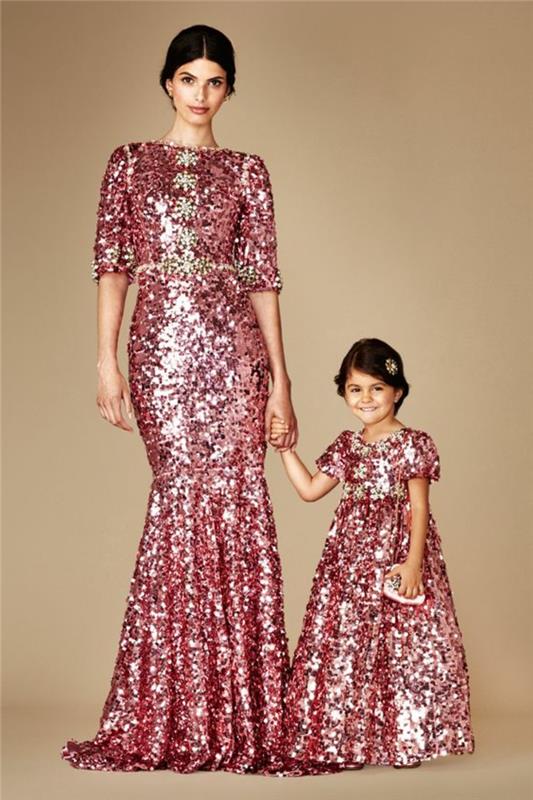 moteriška ceremoninė suknelė su raudonais blizgučiais 3/4 rankovėmis, taip pat skirta mažai mergaitei kaip mama
