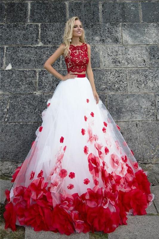 poročna obleka poročne obleke za ženske v rdeči in beli barvi z vzorci cvetnih listov vrtnic na robu roba obleke