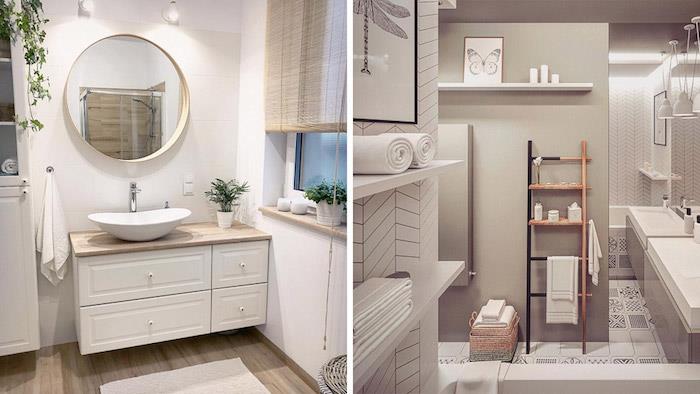 Skandinavski slog, lesena kopalnica, bela in lesena kopalnica, preprostost v notranjosti, okroglo ogledalo in okrasna zelena rastlina